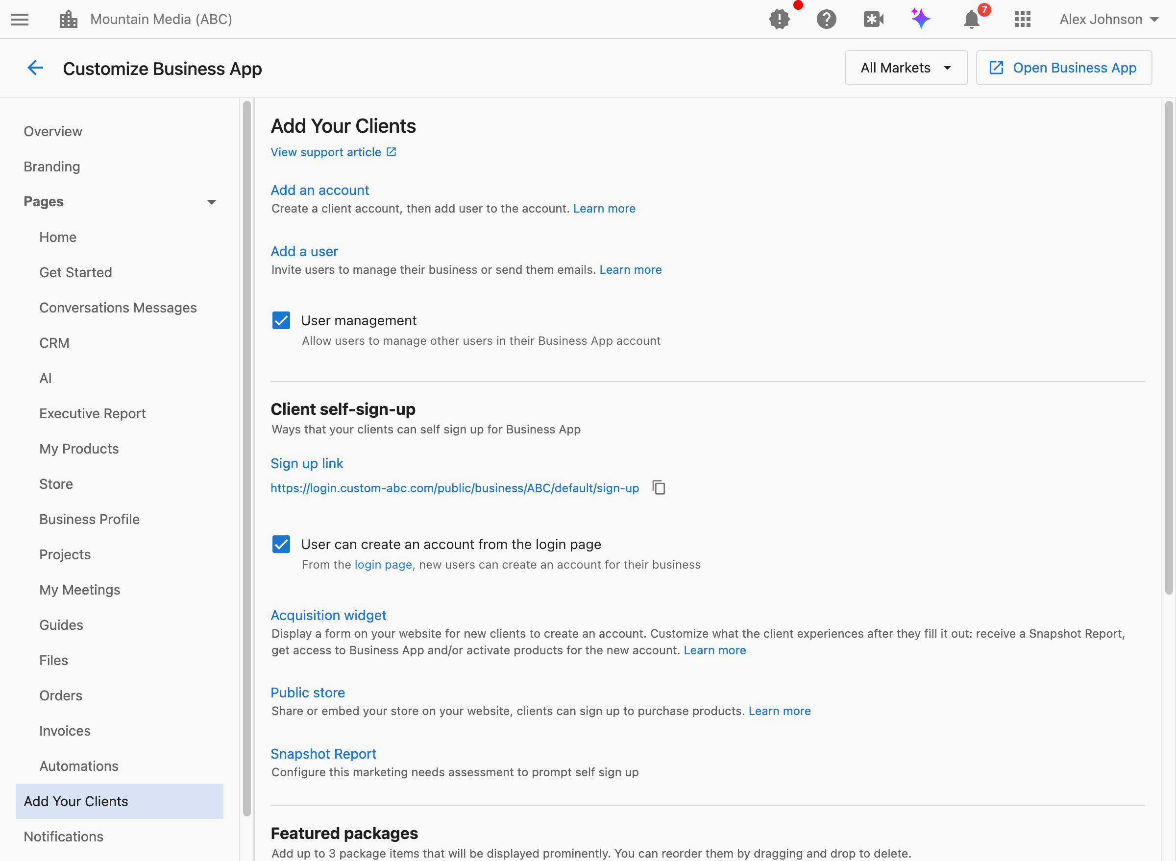Add Your Clients settings in Customize Business App