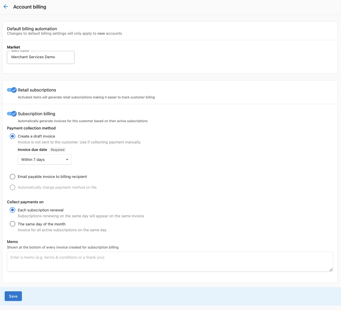 The Default billing automation settings, with the subscription billing toggle on, the payment collection methods including Automatically charge payment method on file, and the choice of collecting on each subscription renewal