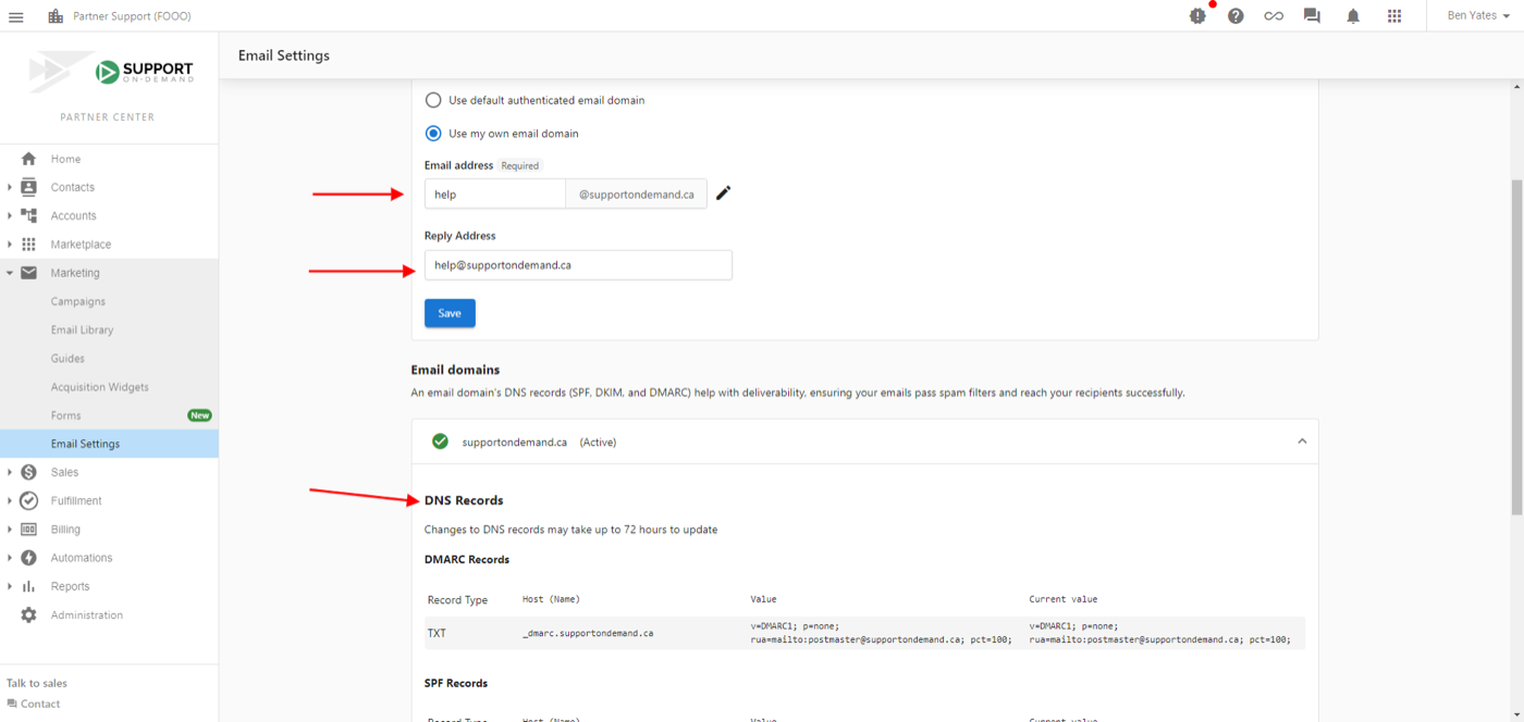 The Email Settings page with Use my own email domain selected, a from address on the partner's domain, and the Email Domains section listing the domain with its DNS records