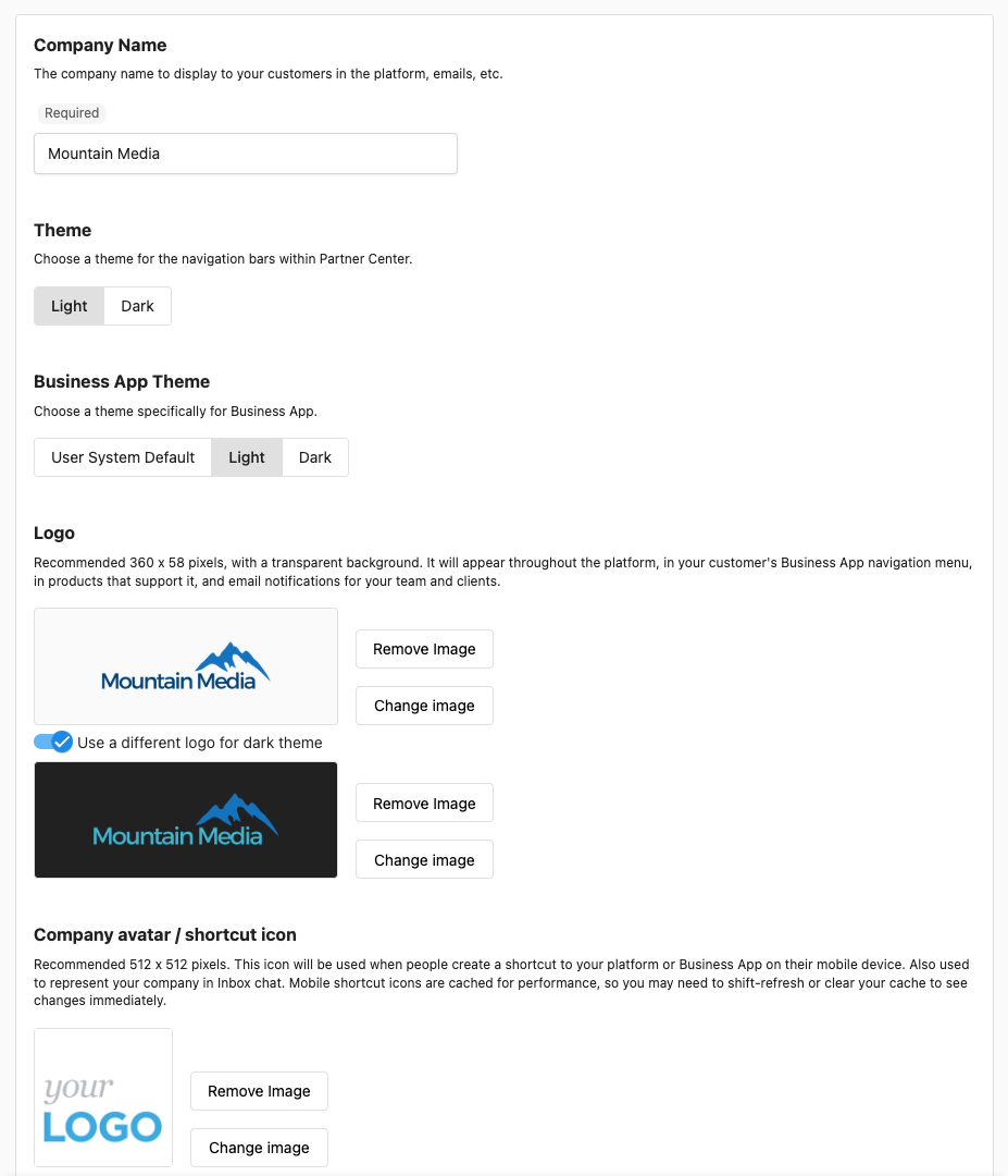 The Partner Branding settings, with the company name, the theme choices, the logo upload with a separate dark theme logo, and the company avatar
