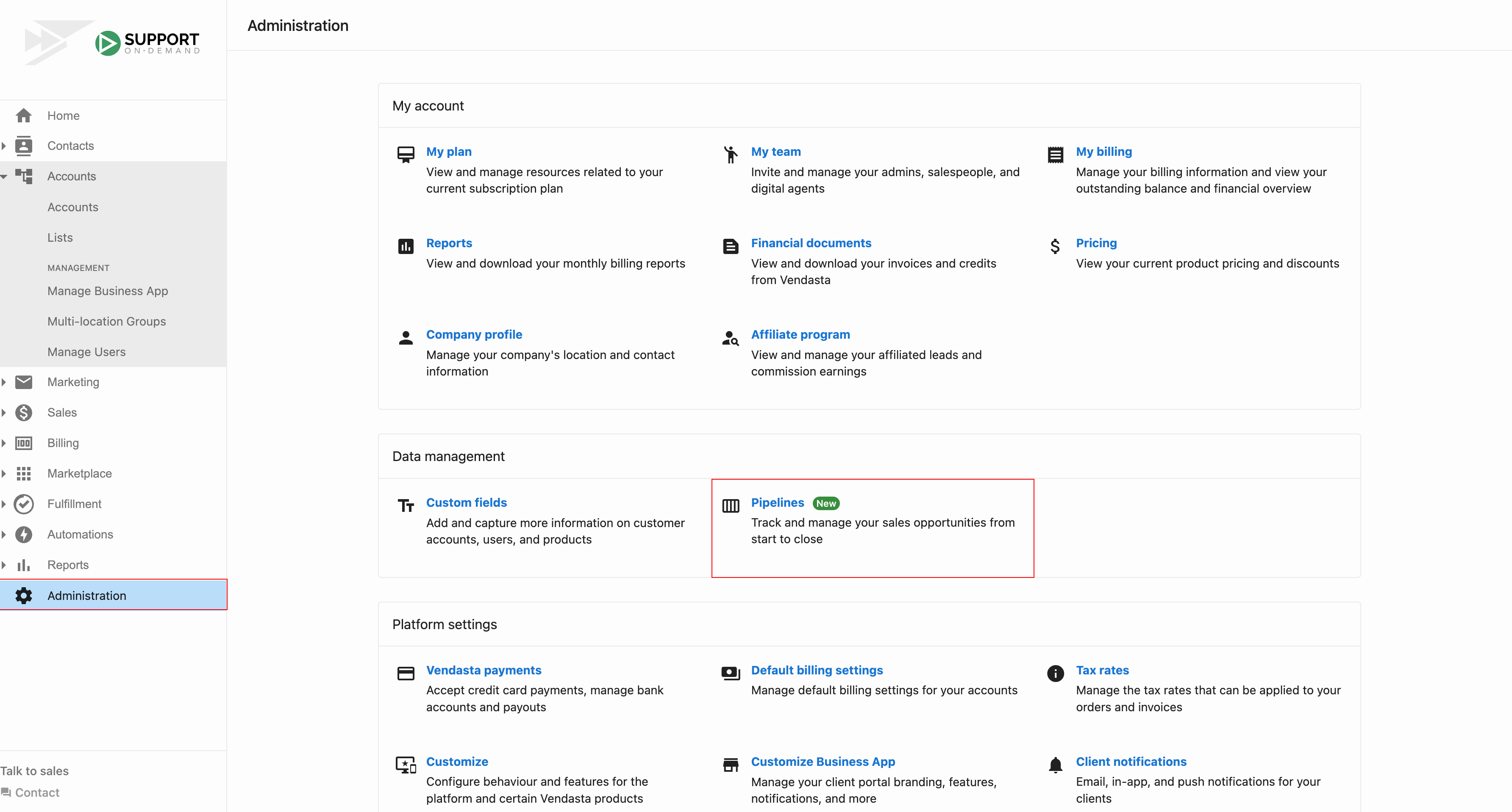 Pipeline menu in Administration
