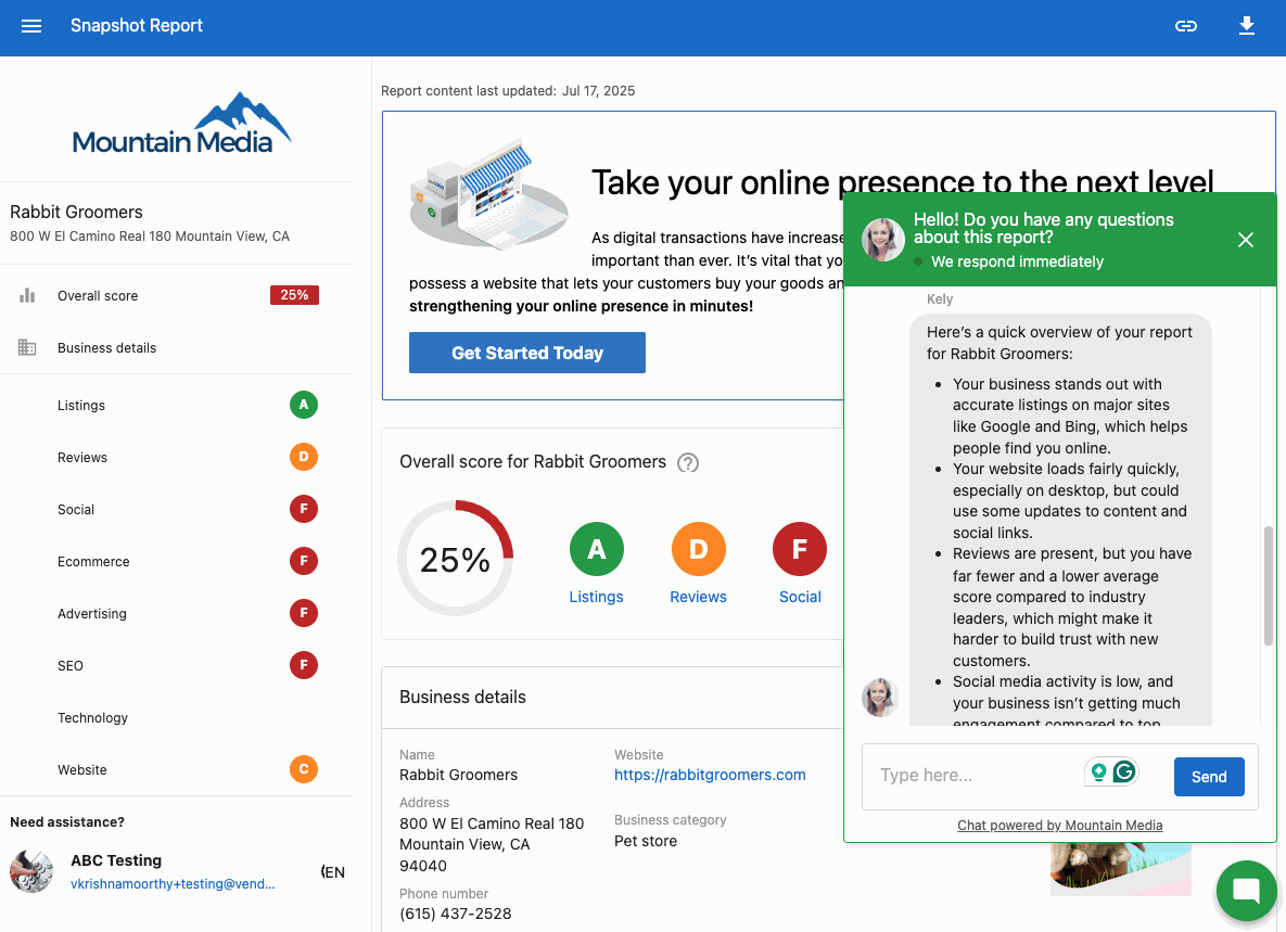AI Chat widget embedded in a Snapshot Report