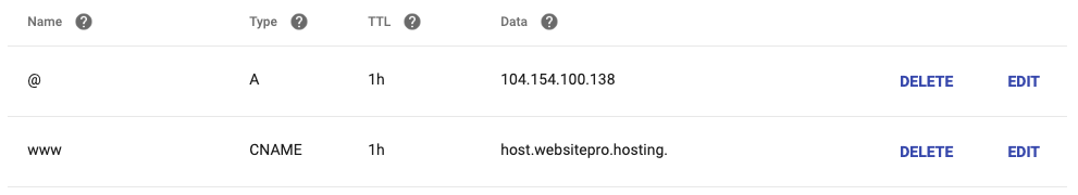 Website Pro DNS record settings