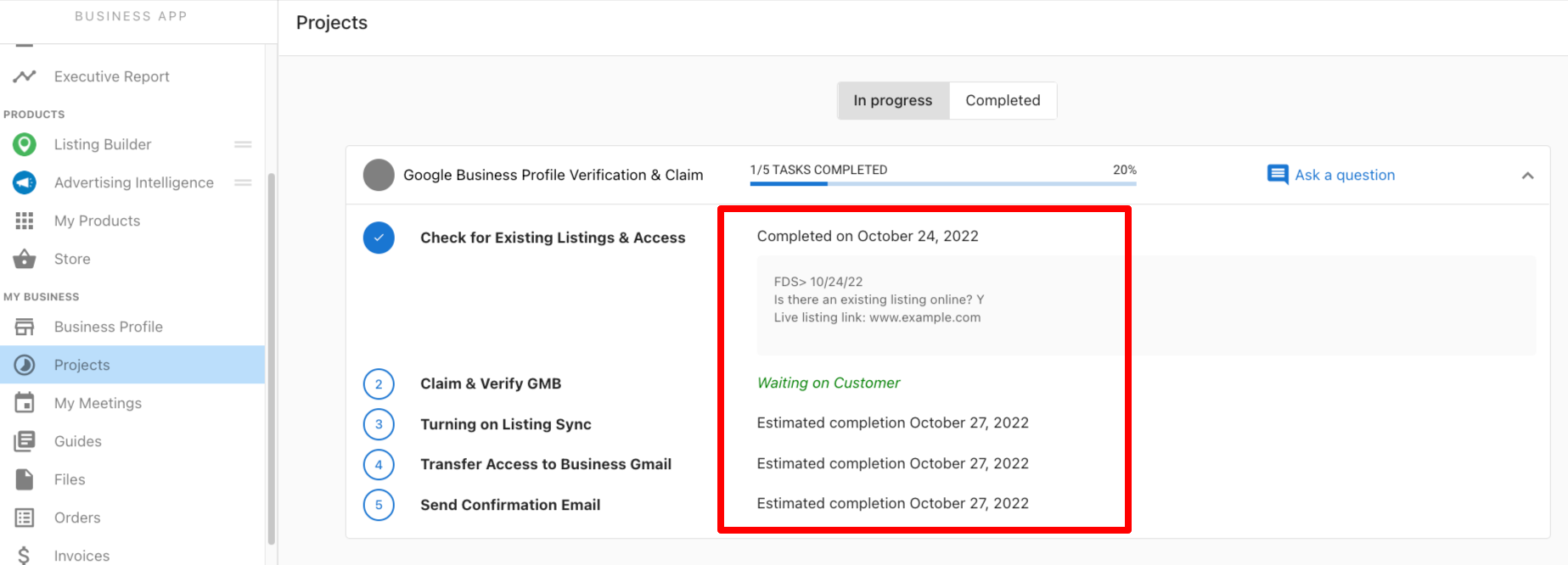 Project notes visible to customers in Business App