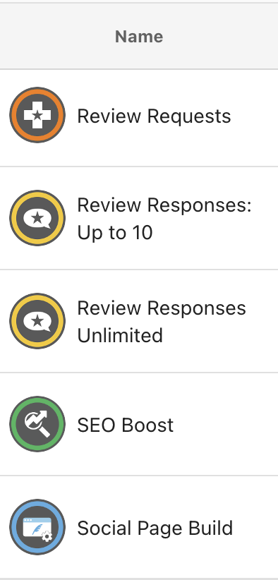 Vendasta Services product logos showing grey circular icons with colored borders