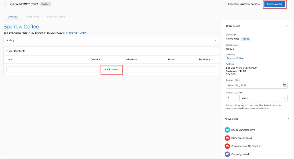 Add items and process order