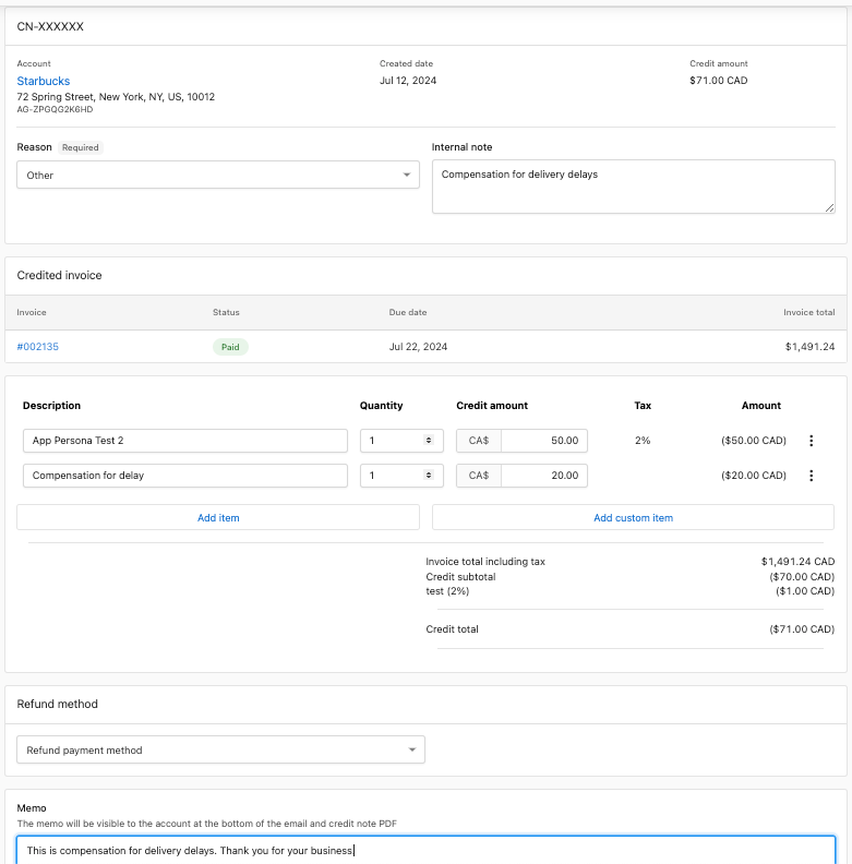 Adjustment credit note example