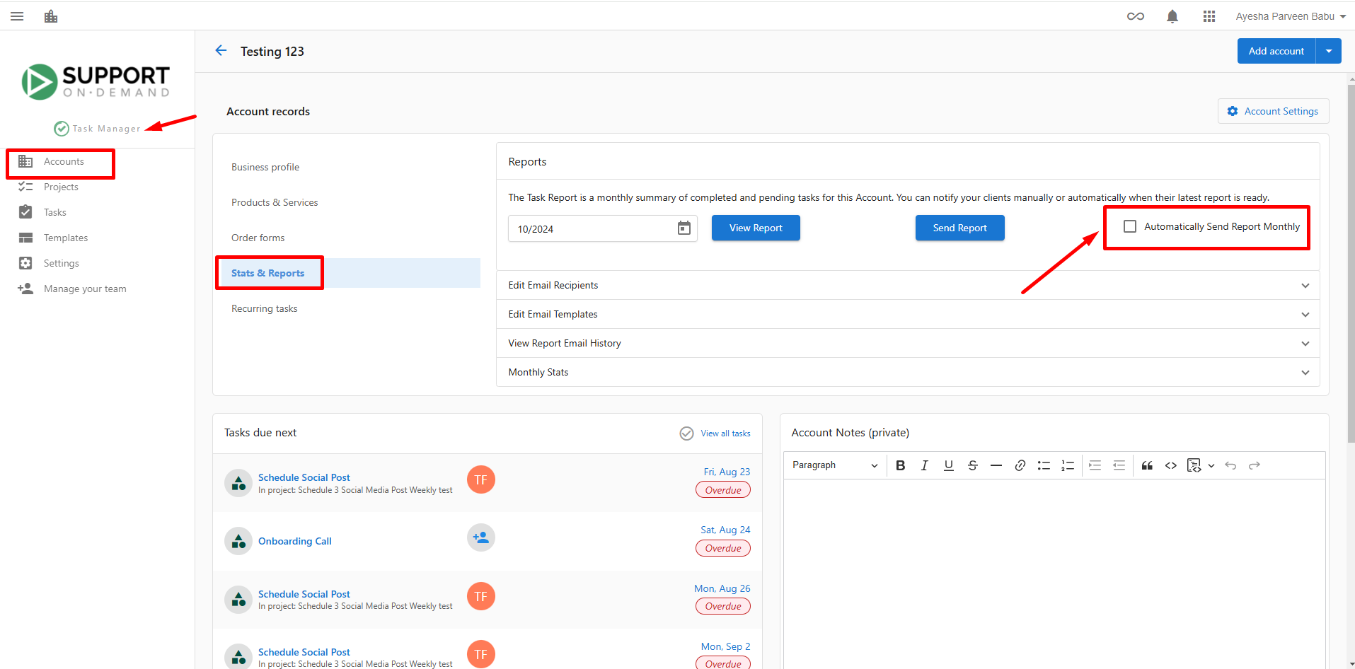 Screenshot showing how to disable automatic monthly reports in Task Manager
