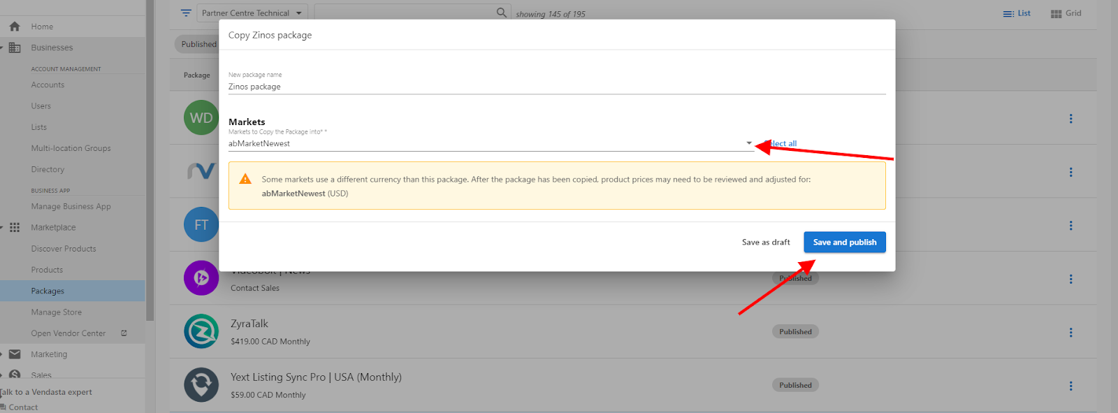 Screenshot showing how to copy a package to multiple markets