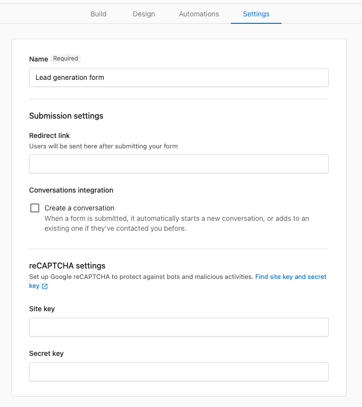 Form settings page