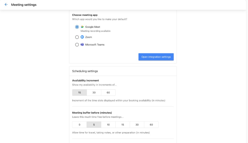 Meeting settings - meeting app and scheduling