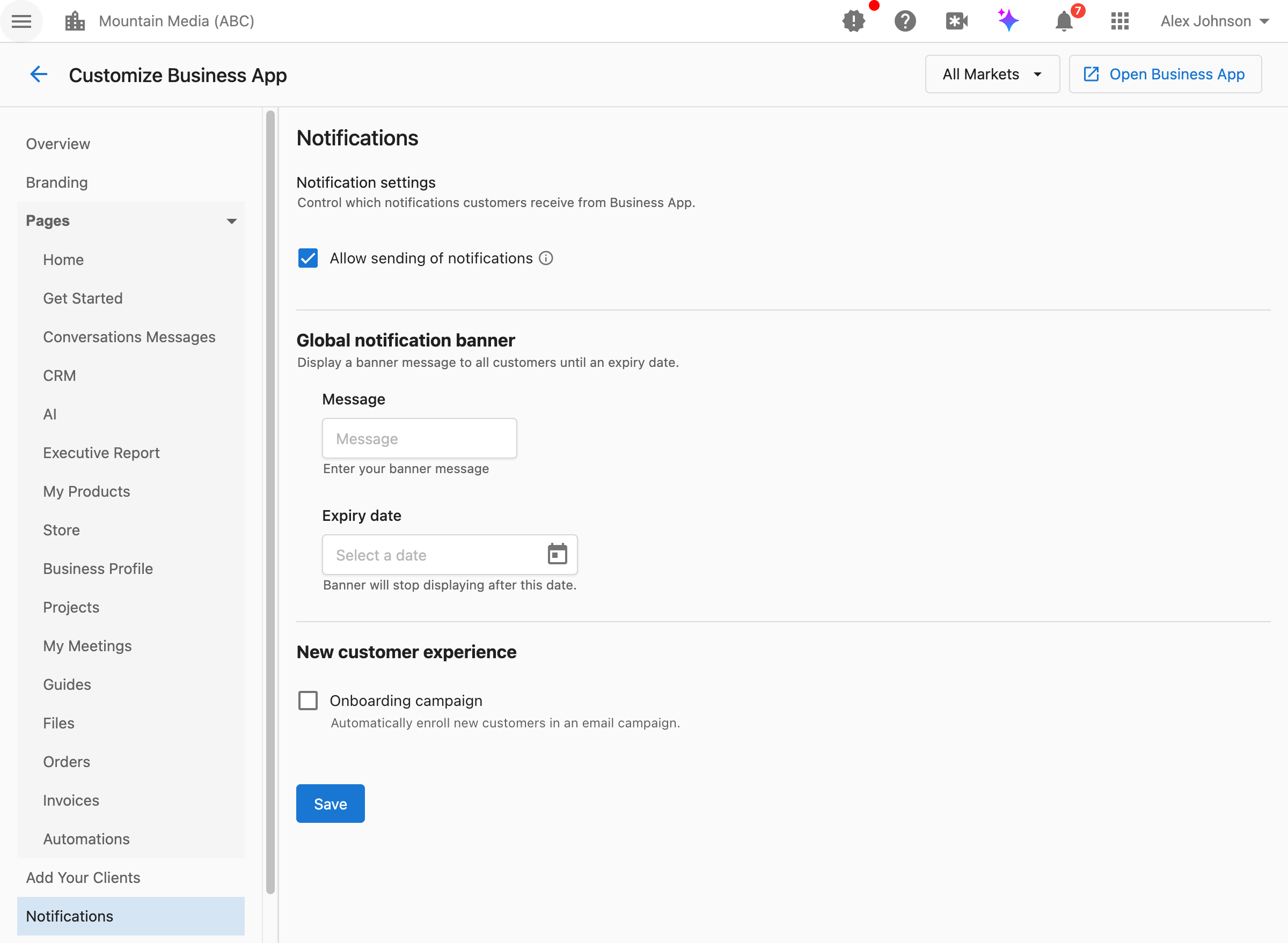 Notifications settings in Customize Business App