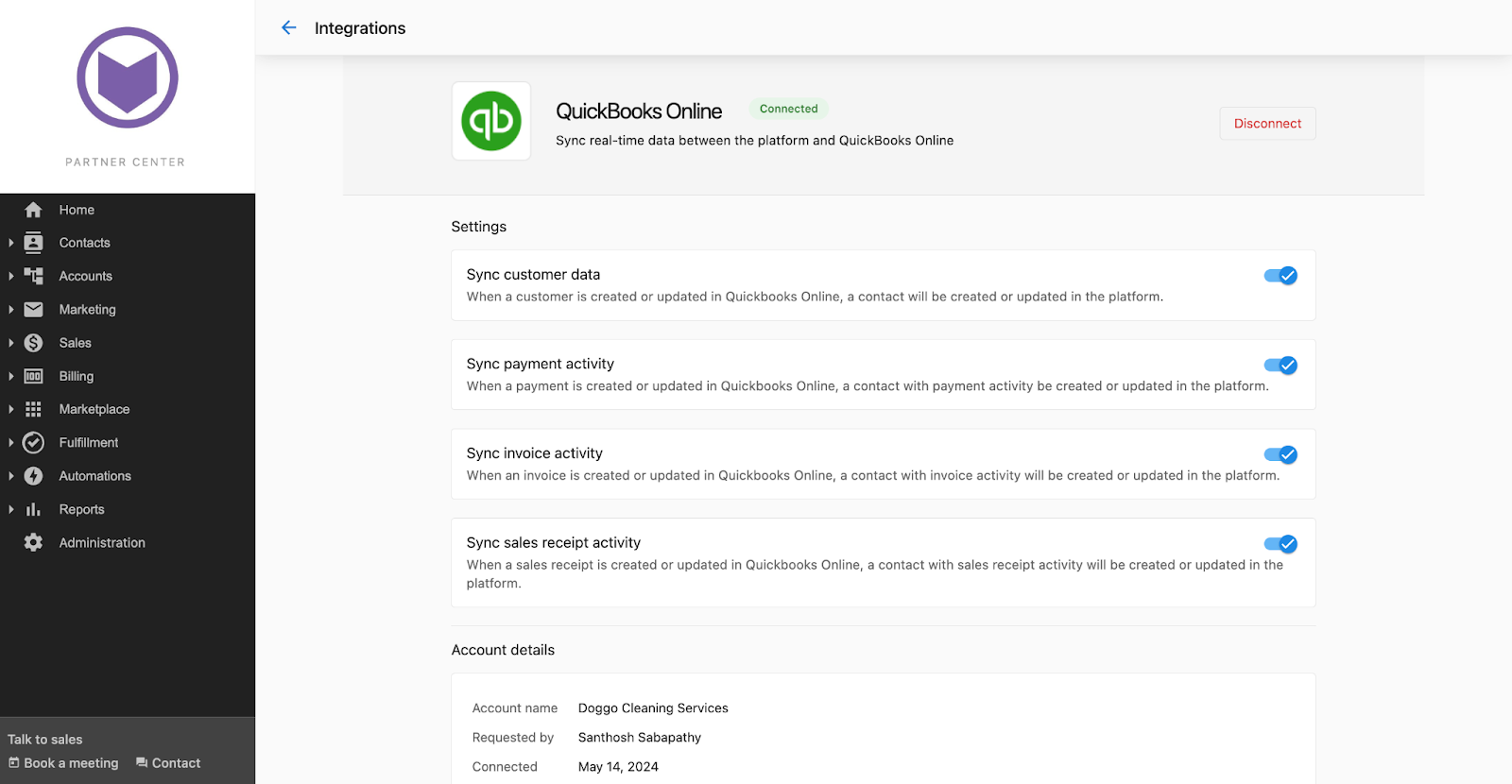QuickBooks Connection Settings Page