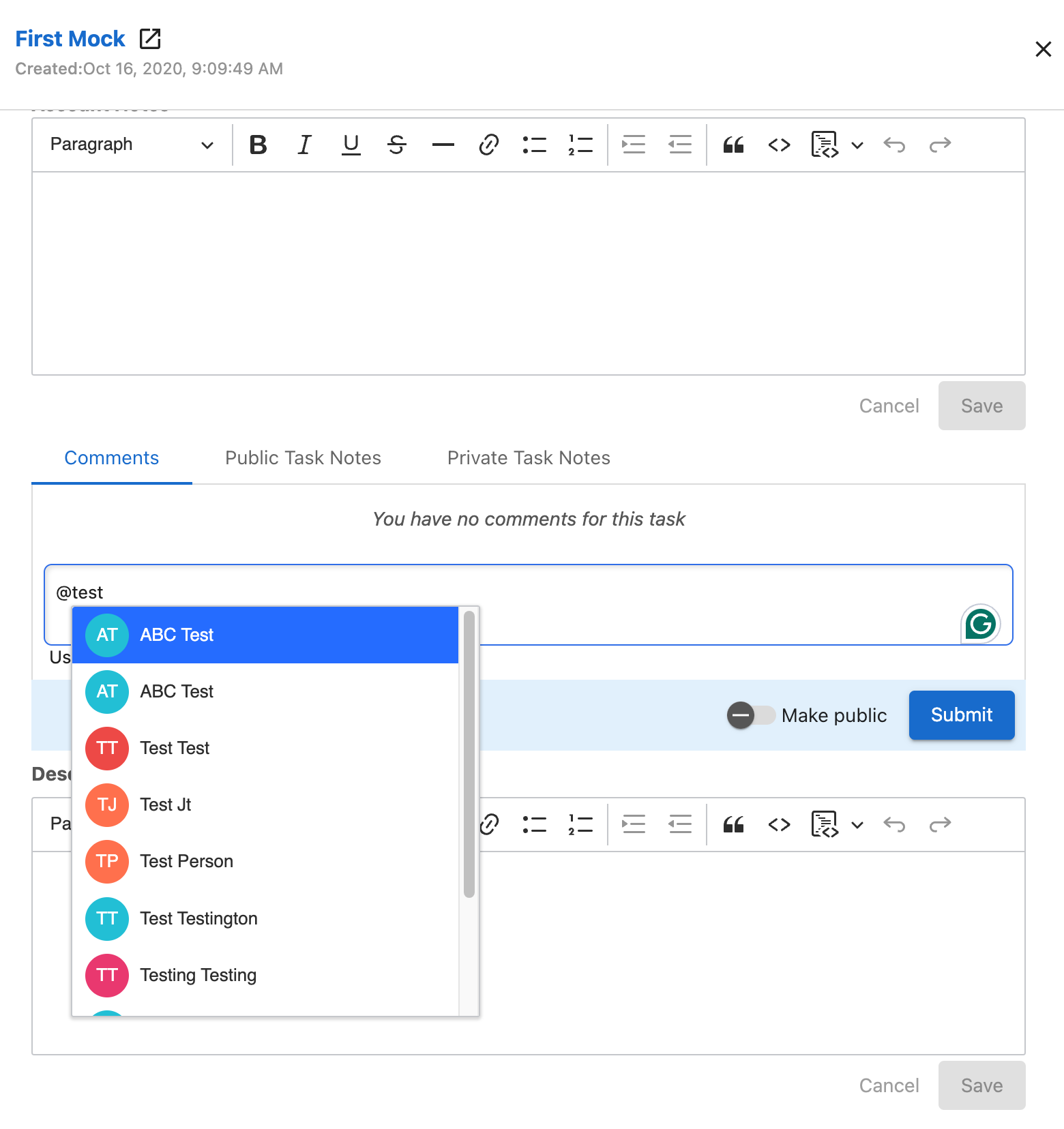 Tagging users in task comments