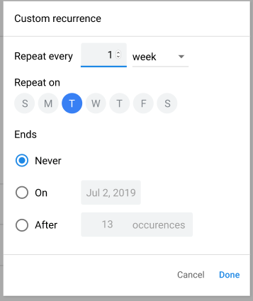 Template recurrence options
