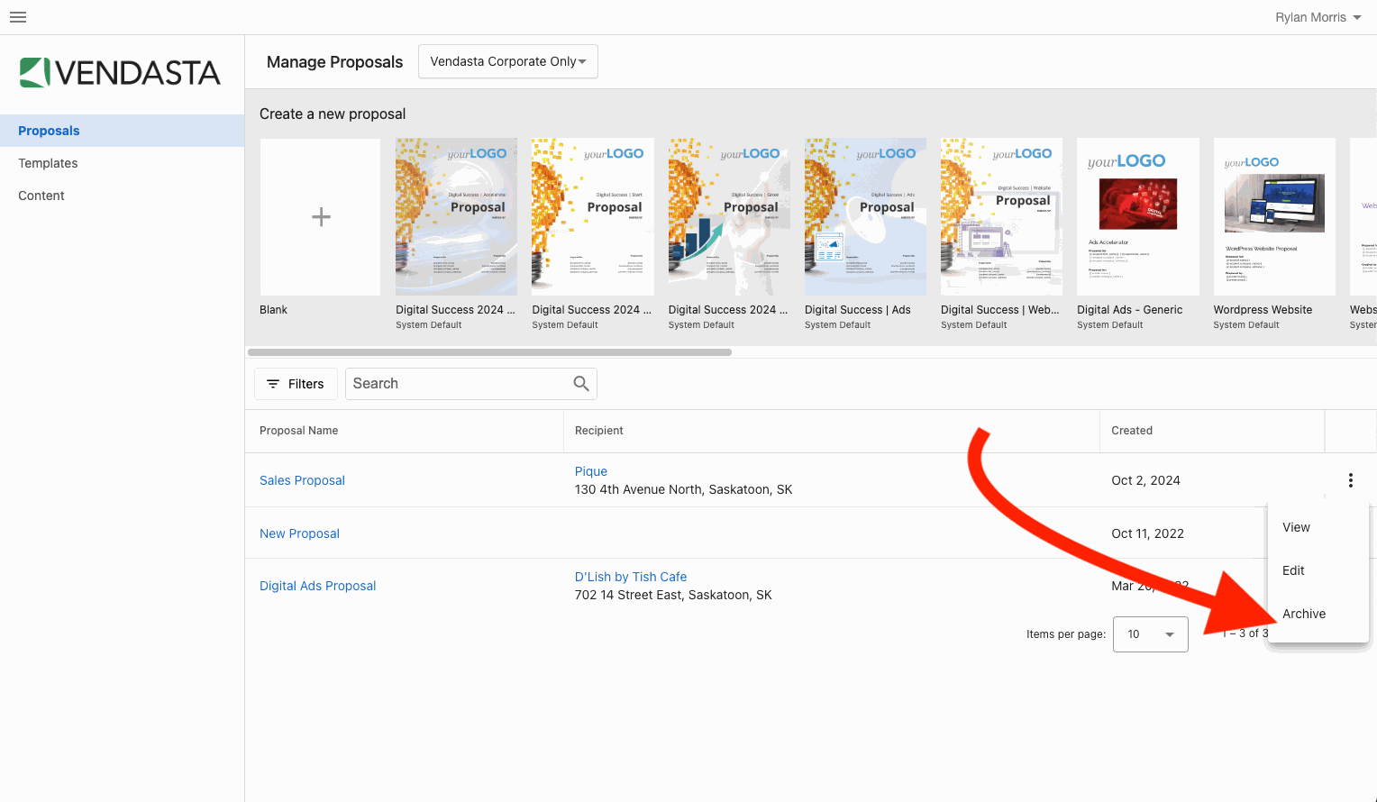 Archive button on the Manage Proposals page