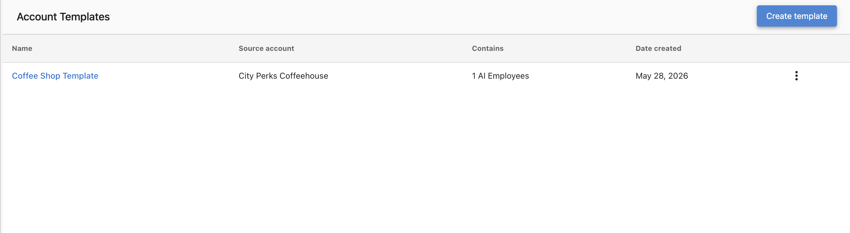 Lista de Account Templates mostrando el nombre de una plantilla, la cuenta de origen, el contenido y la fecha de creación