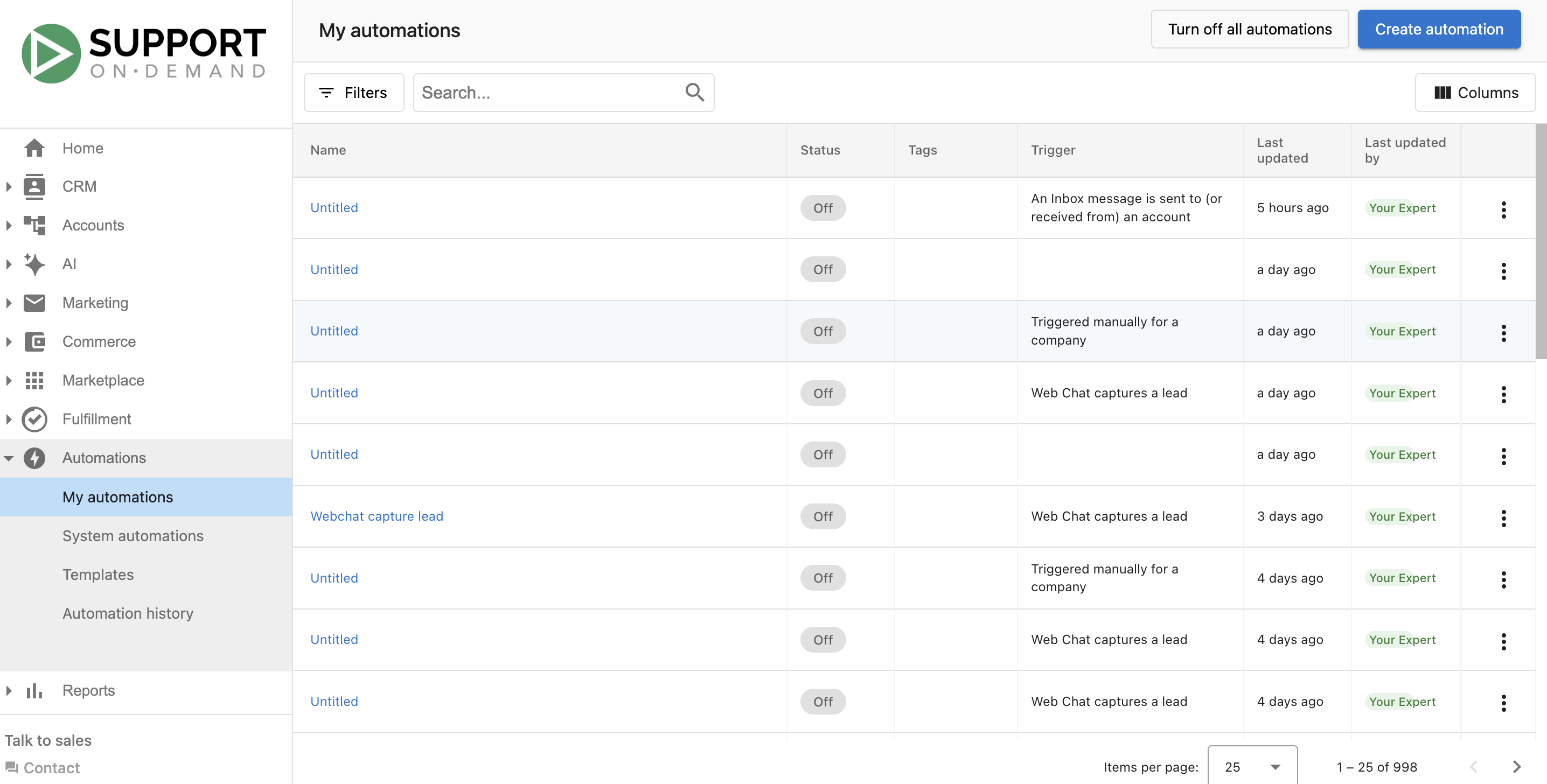 Create button in Automations section