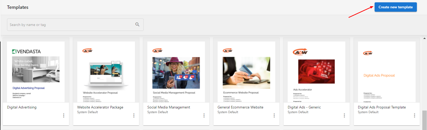 Create New Template button in Proposals section