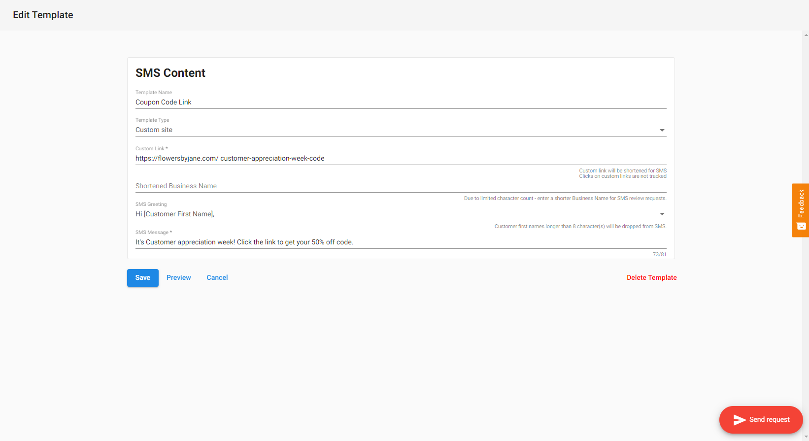 Screenshot showing SMS template customization