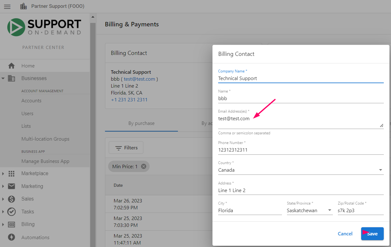 Edit Billing Contact screen