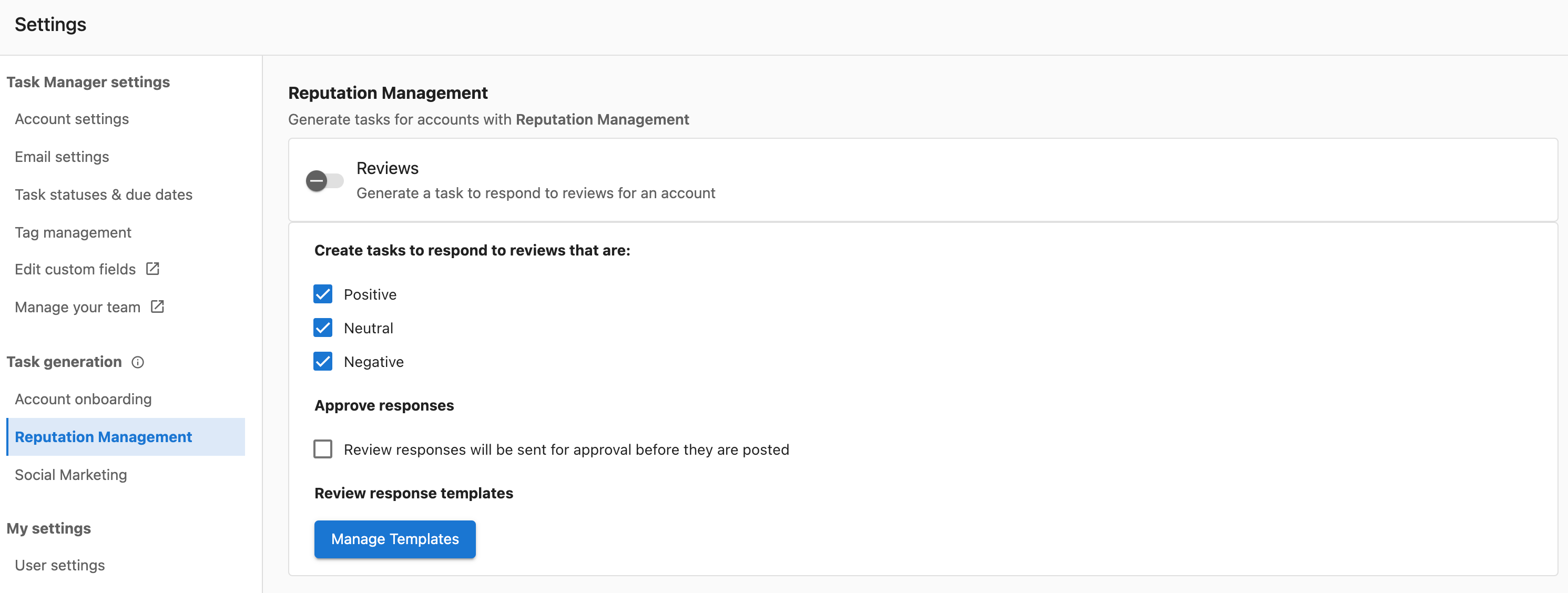 Manage templates interface