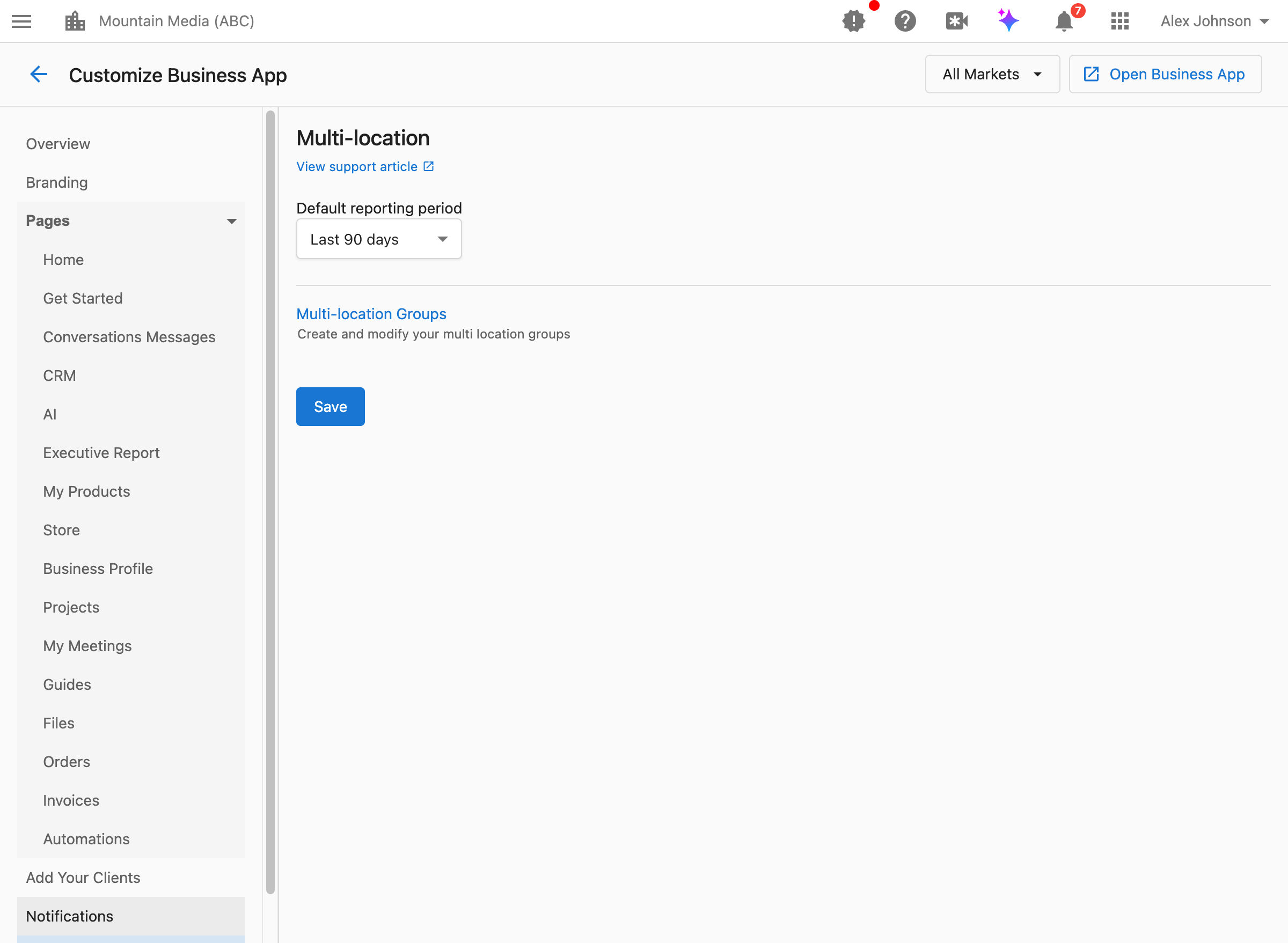 Multi-location settings in Customize Business App