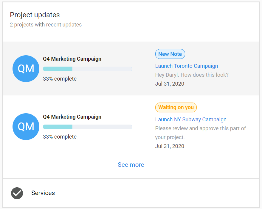 Project updates in Executive Report