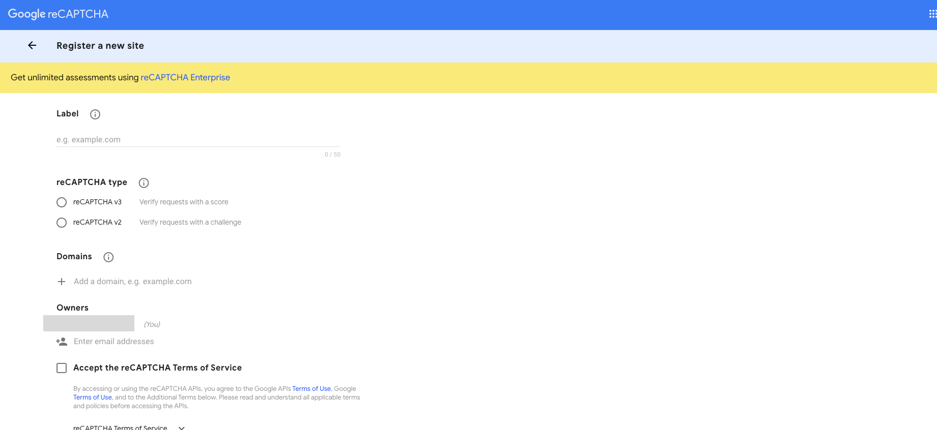Google reCAPTCHA admin page