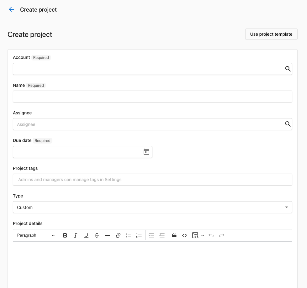 Task Manager project creation form