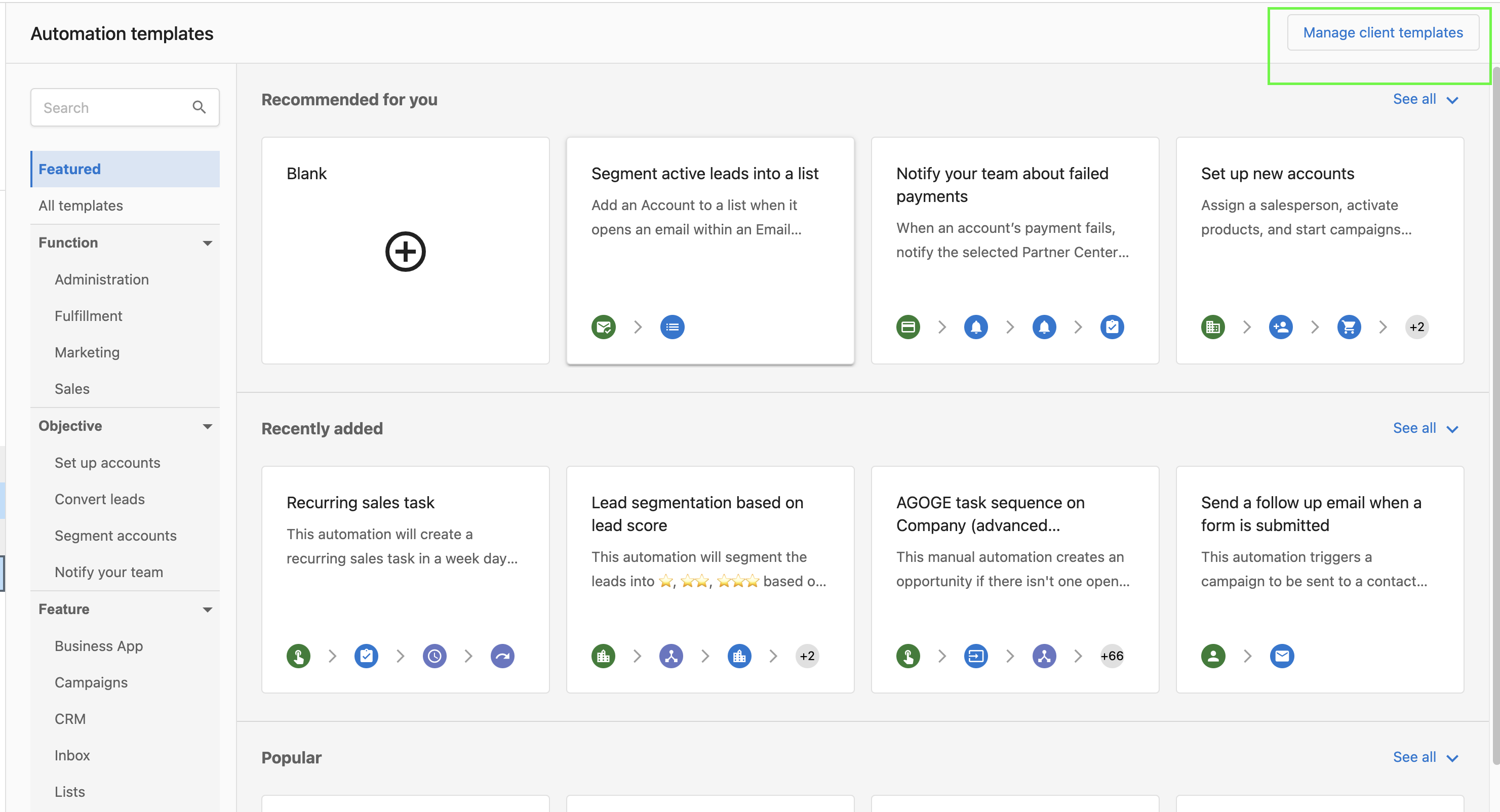 Manage Client Templates menu option