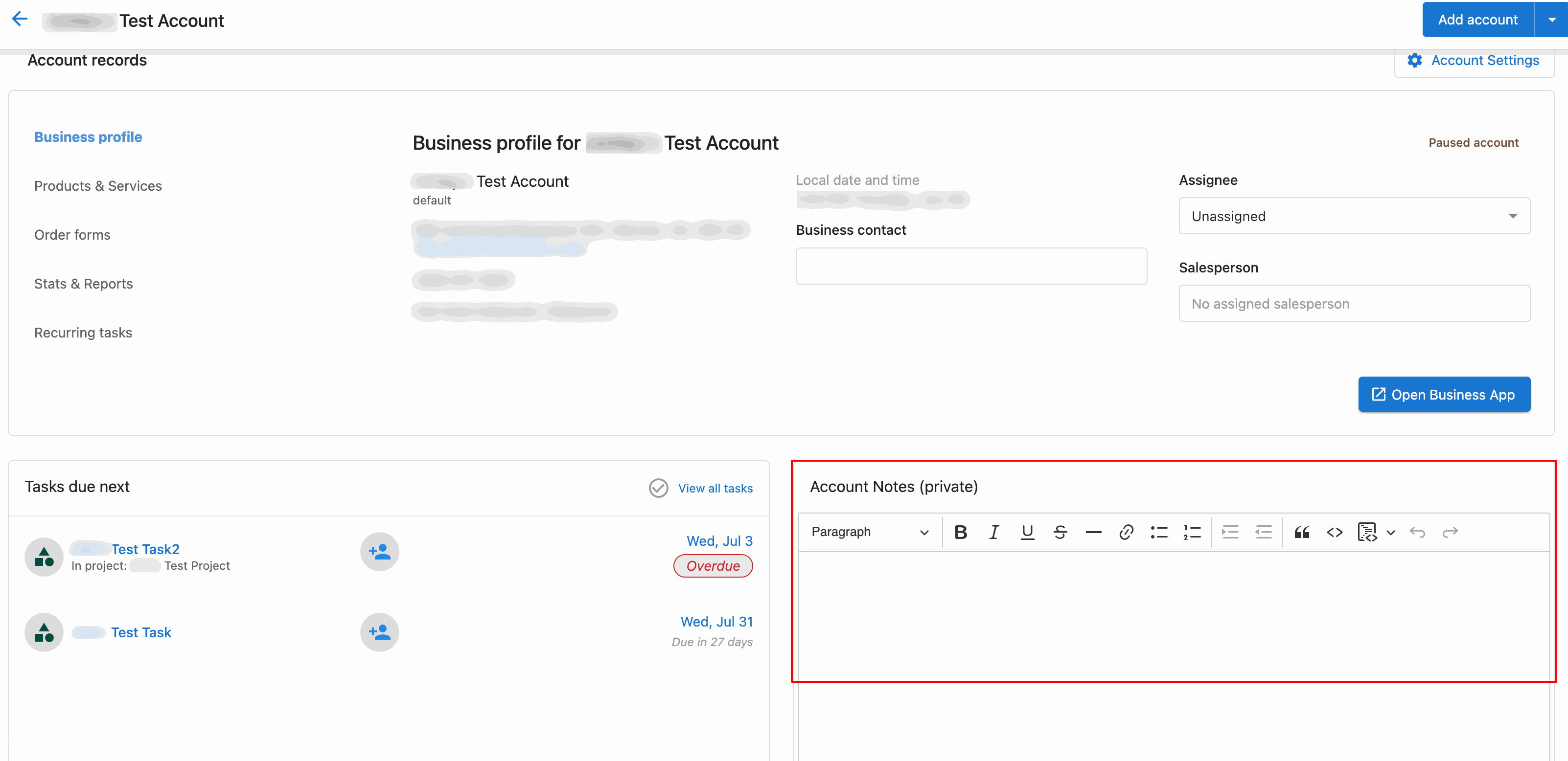 Account notes in Task Manager
