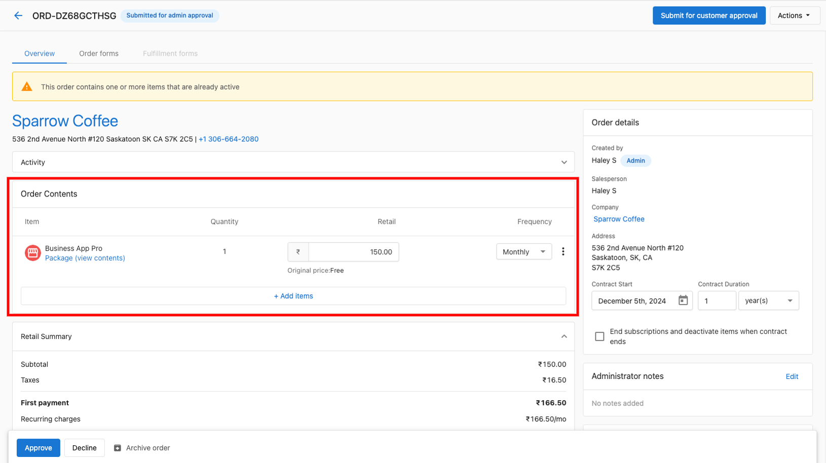 Screenshot showing how to add items to a pending order
