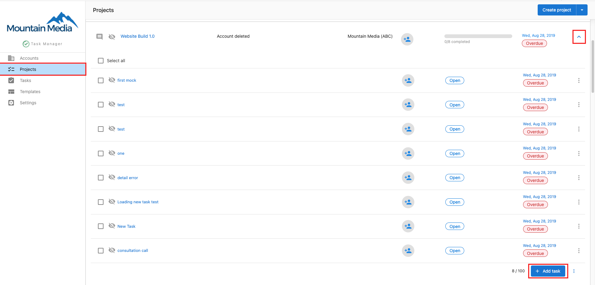 Add Tasks dropdown button