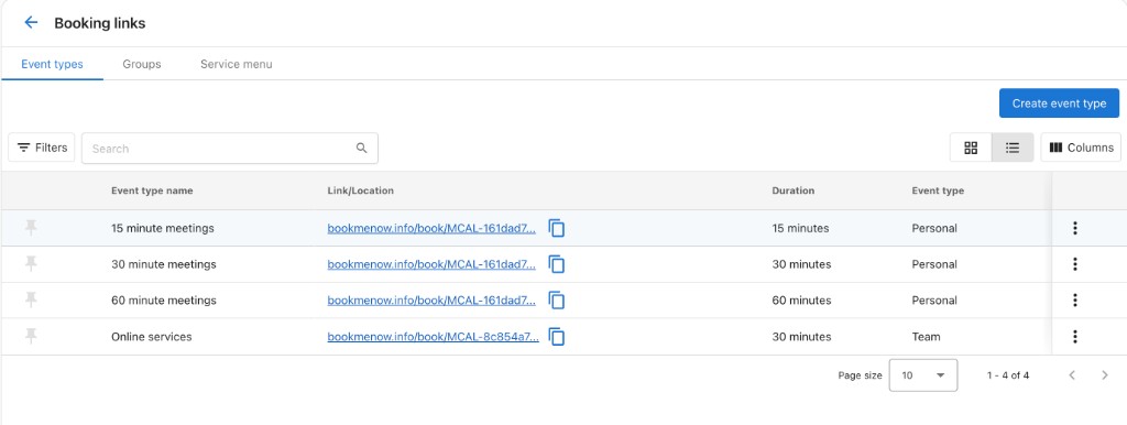 Booking links list