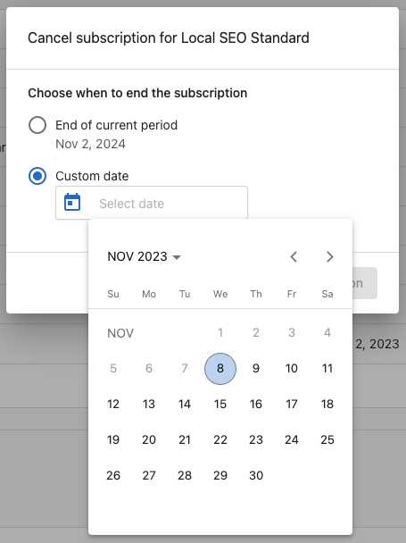 Cancel subscription with custom date