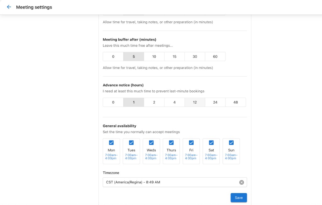 Meeting settings - availability and timezone