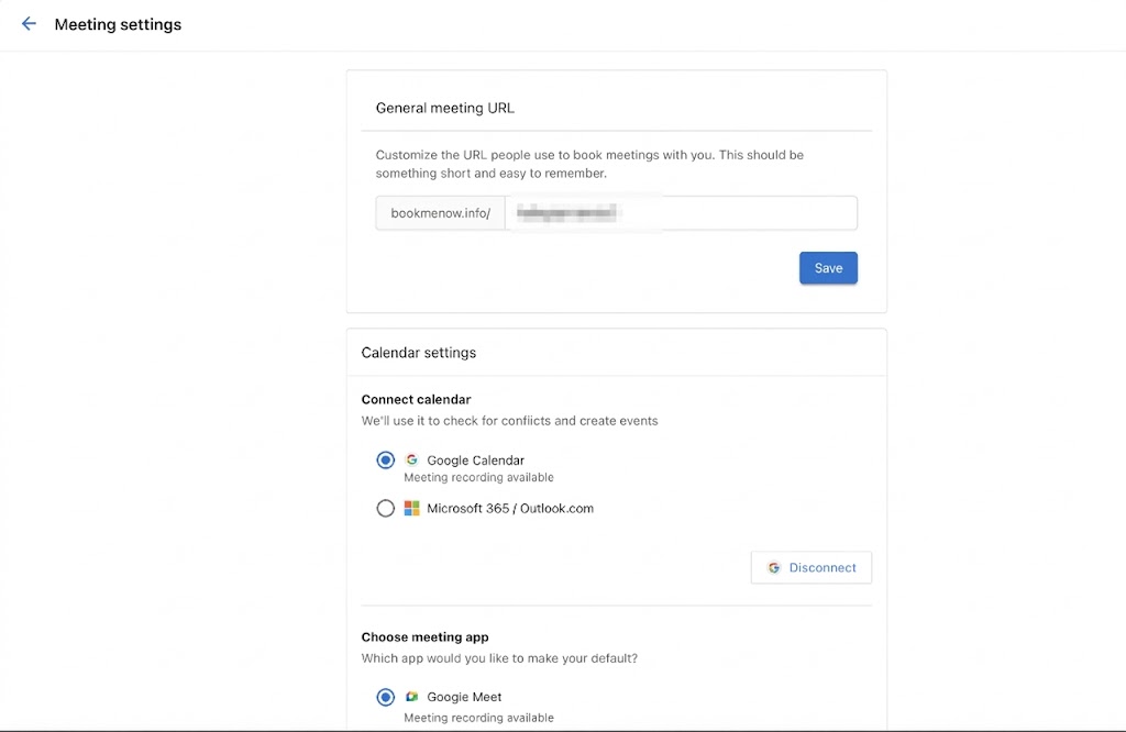 Meeting settings - URL and calendar