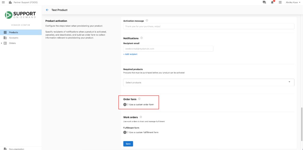 Order form toggle setting preventing automatic activation