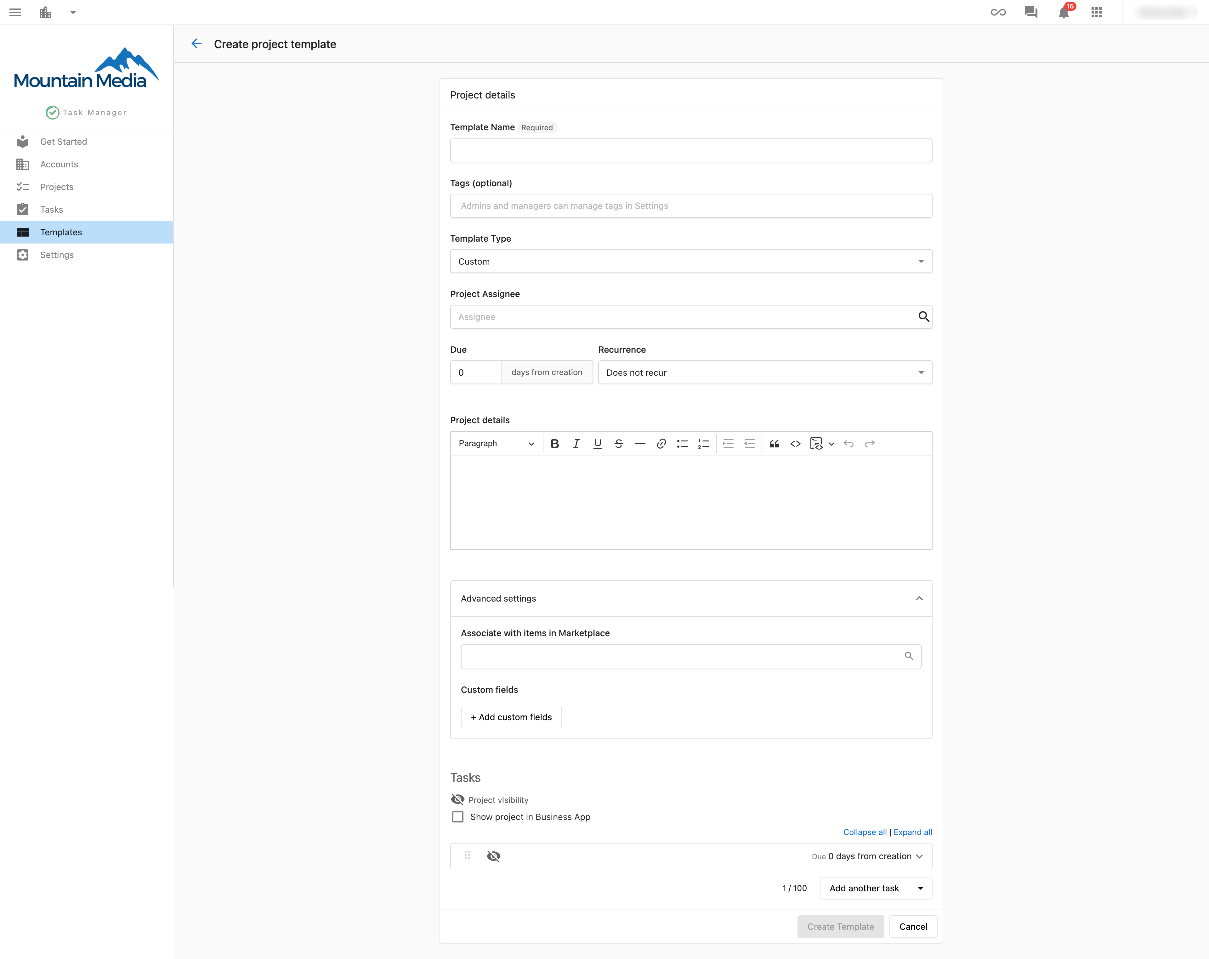 Create template button
