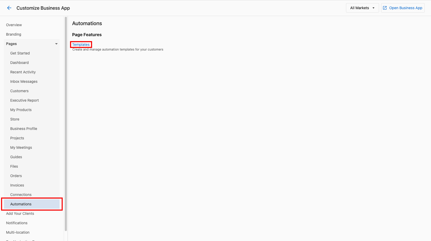 Automations tab with Templates option