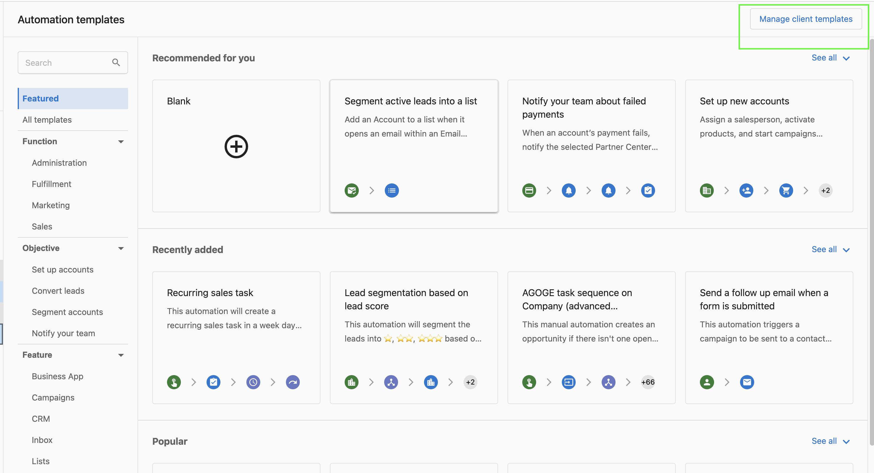 Manage Client Templates menu option
