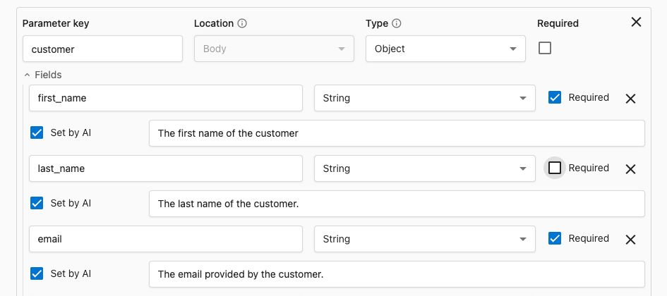 Object and array parameter example showing required fields