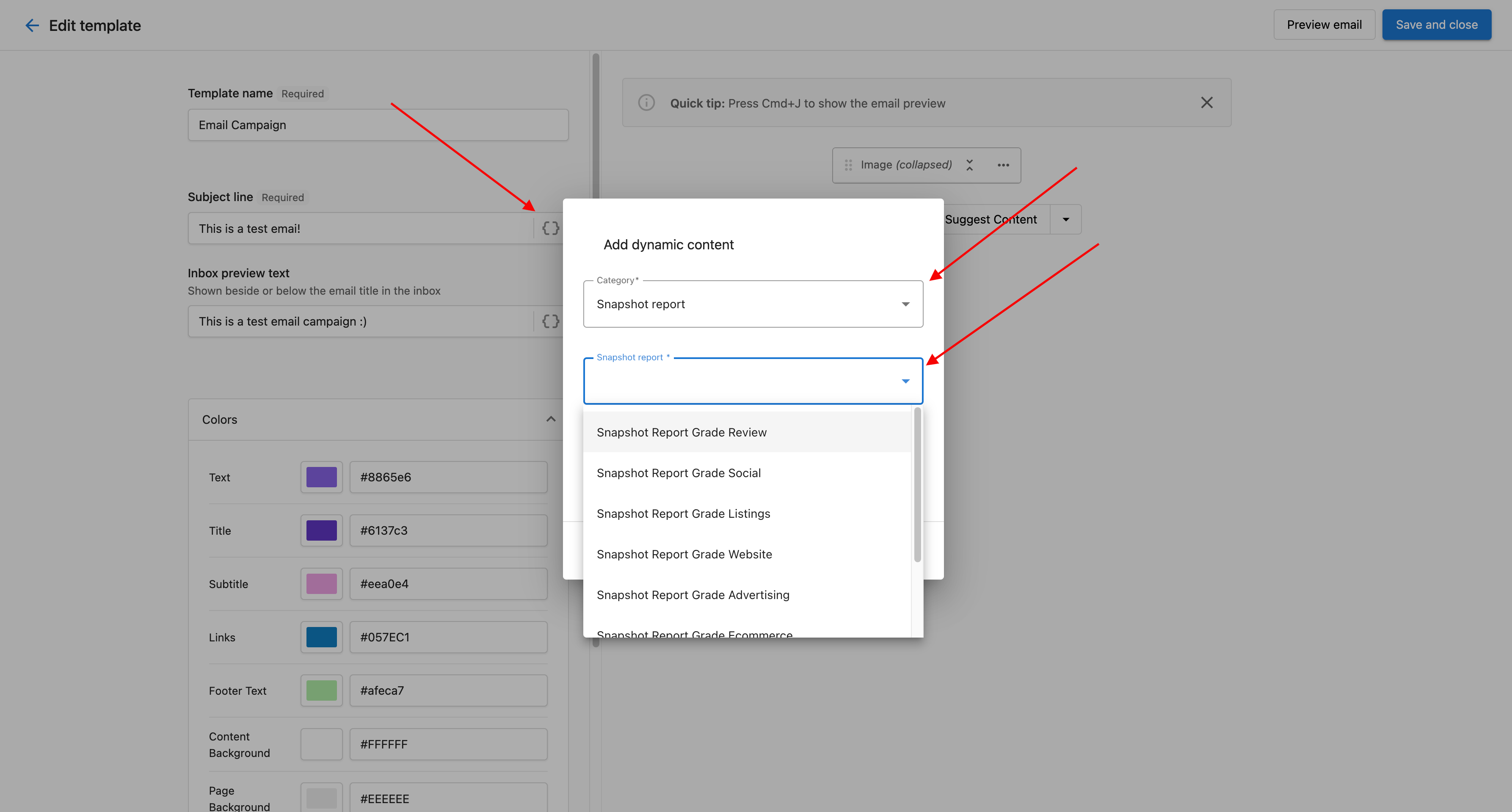 'Snapshot Report Grades' dynamic component for email marketing